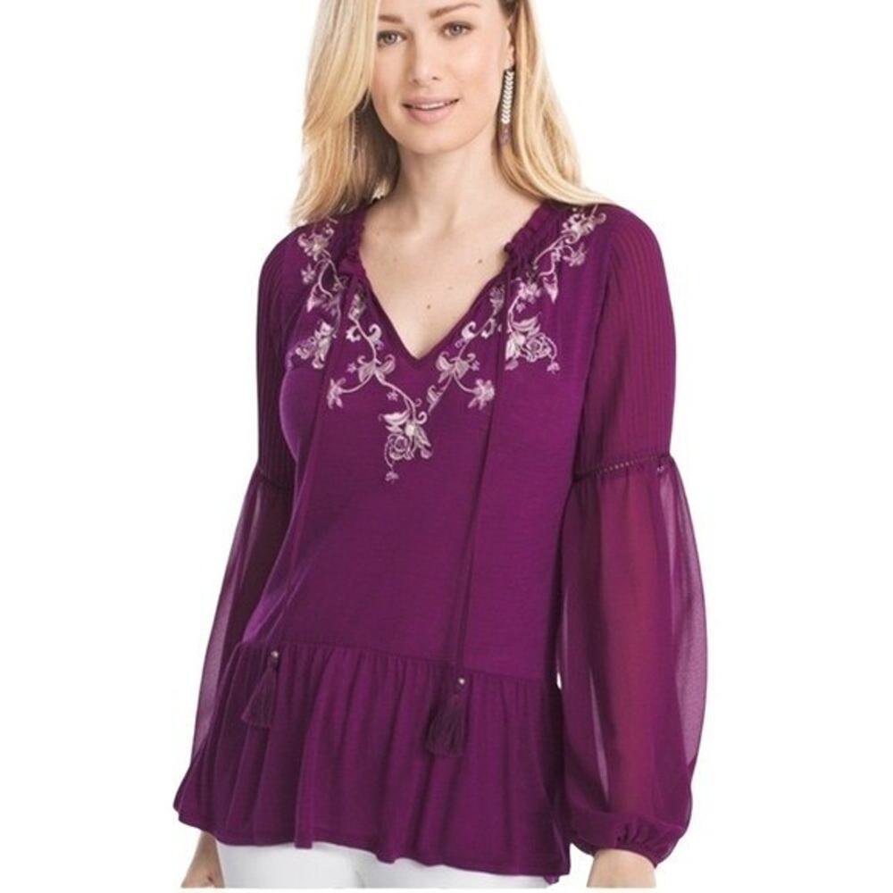 White House Black Market Plum Purple Embroidered Tassel Peplum Blouse S Womens